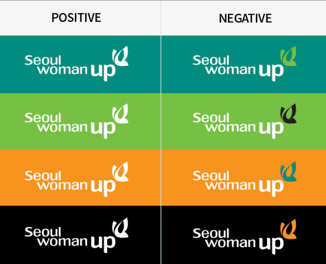 positive, negative seoul womanup 로고 배경컬러 활용버전