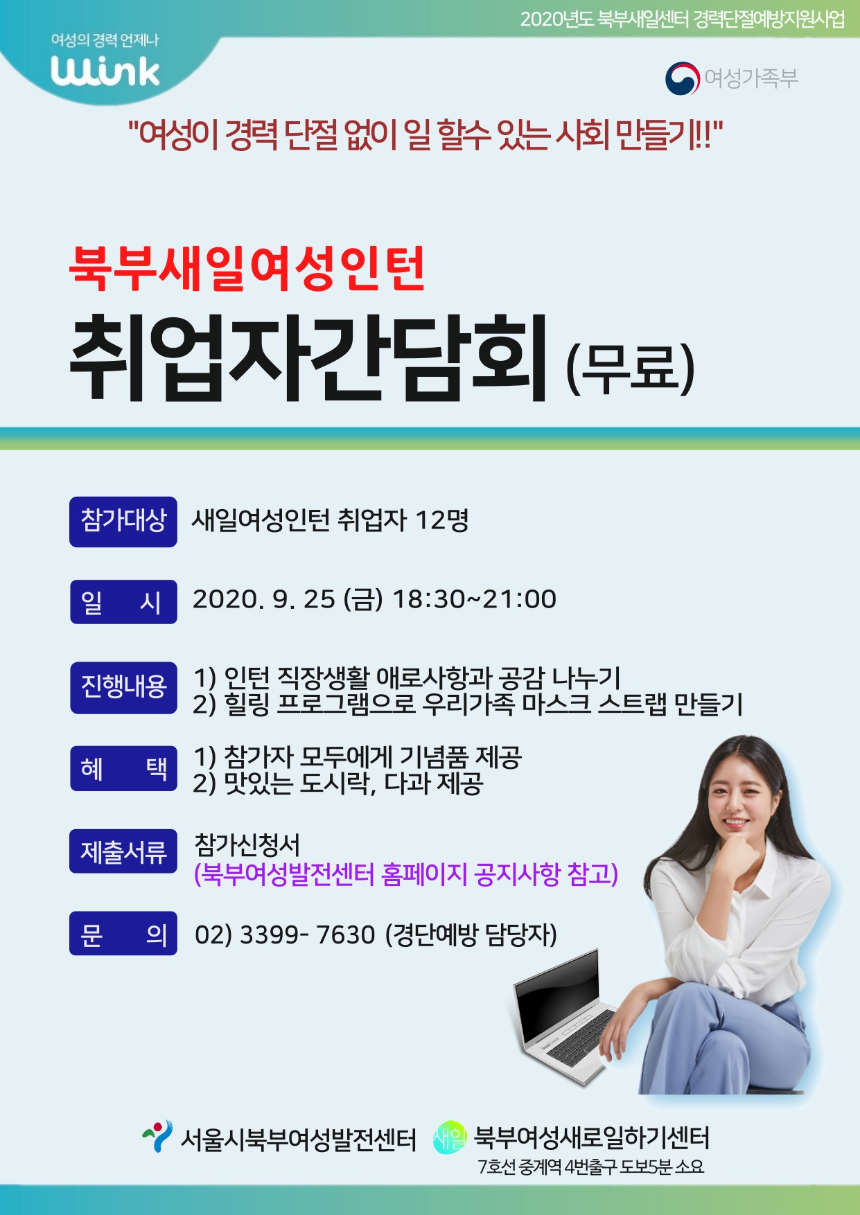 
여성의 경력 언제나
2020년도 북부새일센터 경력단절예방지원사업 wink
여성가족부 여성이 경력 단절 없이 일할수 있는 사회 만들기!!
북부새일여성인턴
취업자간담회 (무료)
참가대상 
새일여성인턴 취업자 12명
일시 2020. 9. 25 (금) 18:30~21:00
진행내용
1) 인턴 직장생활 애로사항과 공감 나누기 2) 힐링 프로그램으로 우리가족 마스크 스트랩 만들기
혜택
1) 참가자 모두에게 기념품 제공 2) 맛있는 도시락, 다과 제공
제출서류
참가신청서 (북부여성발전센터 홈페이지 공지사항 참고)
문의 
02) 3399- 7630 (경단예방 담당자)
서울시북부여성발전센터 새일 북부여성새로일하기센터
7호선 중계역 4번출구 도보5분 소요
