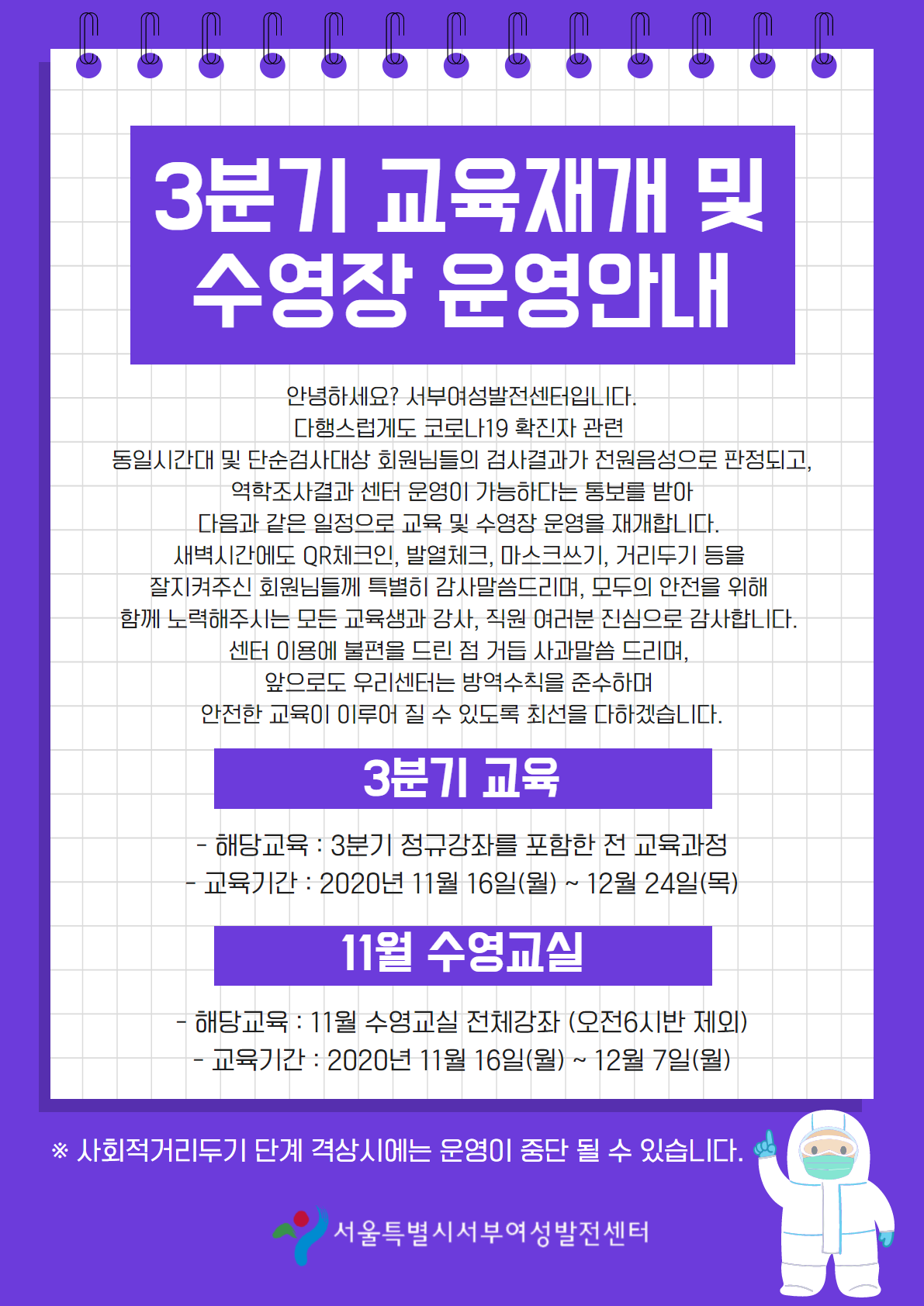 
    3분기 교육재개 및 수영장 운영안내
    안녕하세요? 서부여성발전센터입니다.
    다행스럽게도 코로나19 확진자 관련  동일시간대 및 단순검사대상 회원님들의 검사결과가 전원음성으로 판정되고,
     역학조사결과 센터 운영이 가능하다는 통보를 받아 다음과 같은 일정으로 교육 및 수영장 운영을 재개합LI다. 새벽시간에도 OR체크인, 발열체크, 마스크쓰기, 거리두기 등을 잘지켜주신 회원님들께 특별히 감사말씀드리며, 모두의 안전을 위해 함께 노력해주시는 모든 교육생과 강사, 직원 여러분 진심으로 감사합니다.
    센터 이용에 불편을 드린 점 거듭 사과말씀 드리며,
    앞으로도 우리센터는 방역수칙을 준수하며, 안전한 교육이 이루어 질 수 있도록 최선을 다하겠습니다.
    3분기 교육
    해당교육 : 3분기 정규강좌를 포함한 전 교육과정 
    교육기간 : 2020년 11월 16일(월) ~ 12월 24일(목)
     11월 수영교실
    - 해당교육 : 11월 수영교실 전체강좌 (오전6시반 제외) 
    - 교육기간 : 2020년 11월 16일(월) ~ 12월 7일(월)
    ※ 사회적거리두기 단계 격상시에는 운영이 중단 될 수 있습니다. 
    서울특별시서부여성발전센터