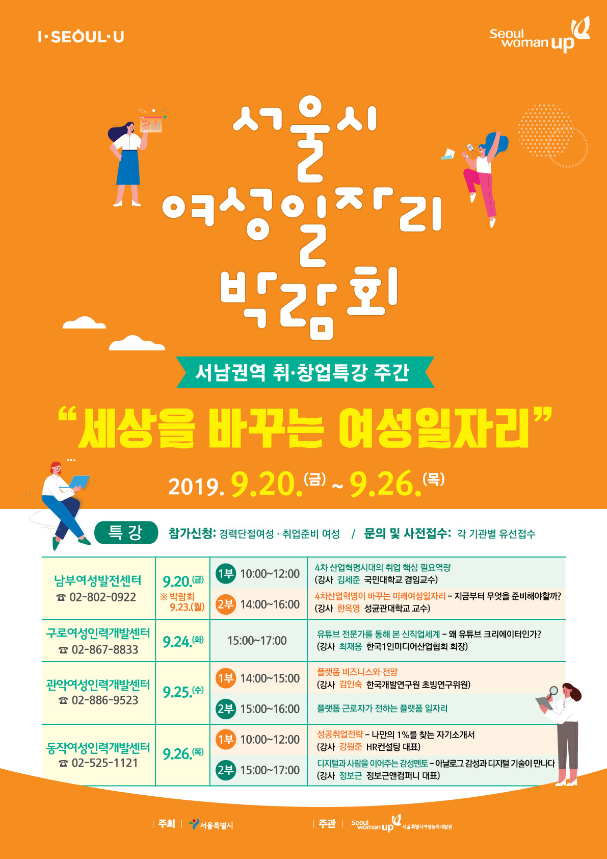 I.SEOUL.U
Seoul womanup
서울시 여성일자리 박람회
서남권역 취·창업특강 주간
세상을 바꾸는 여성일자리
2019. 9.20.(금) ~ 9.26 (목)
특강
참가신청: 경력단절여성 · 취업준비 여성 / 문의 및 사전접수: 각 기관별 유선접수
남부여성발전센터 ☎ 02-802-0922
9.20.(금) ※ 박람회 19.23.(월)
1부 10:00~12:00 
4차 산업혁명시대의 취업 핵심 필요역량 (강사 김세준 국민대학교 겸임교수)
2부 14:00~16:00
4차산업혁명이 바꾸는 미래여성일자리 - 지금부터 무엇을 준비해야할까? (강사 한옥영 성균관대학교 교수)
구로여성인력개발센터
☎ 02-867-8833 
9.24.(화)
15:00~17:00
유튜브 전문가를 통해 본 신직업세계 - 왜 유튜브 크리에이터인가? (강사 최재용 한국1인미디어산업협회 회장)
관악여성인력개발센터
☎ 02-886-9523
9.25.(수)
1부 14:00~15:00
플랫폼 비즈니스와 전망 (강사 김인숙 한국개발연구원 초빙연구위원)
2부 15:00~16:00
플랫폼 근로자가 전하는 플랫폼 일자리
동작여성인력개발센터 ☎ 02-525-1121
9.26.(목)
1부 10:00~12:00
성공취업전략 - 나만의 1%를 찾는 자기소개서 (강사 강원준 HR컨설팅 대표) 디지털과 사람을 이어주는 감성멘토 - 아날로그 감성과 디지털 기술이 만나다 (강사 정보근 정보근앤컴퍼니 대표)
2부 15:00~17:00
주최 서울특별시
주관 Seoul womanup 서울특별시 여성능력개발원