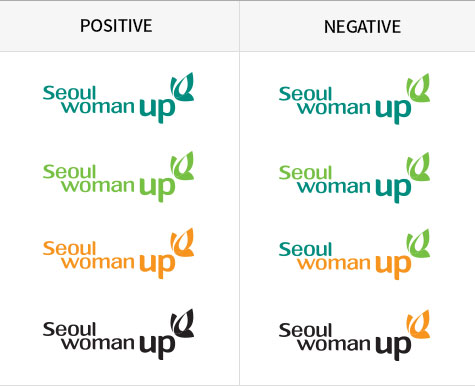 positive, negative seoul womanup 로고 기본컬러 활용버전